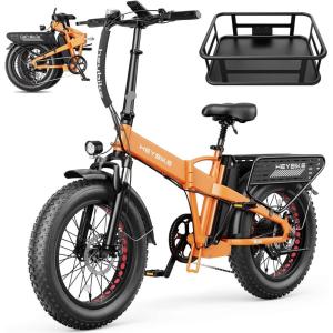 image:imageHeybike Mars 2030 Foldable Electric Bike UL2849 Certified 70Miles Long Range 1400W1800W Peak Motor 32MPH 624WH Removable Battery 204 Fat Tire Ebike for Snow Commute Full SuspensionSunset OrangeFront Basket